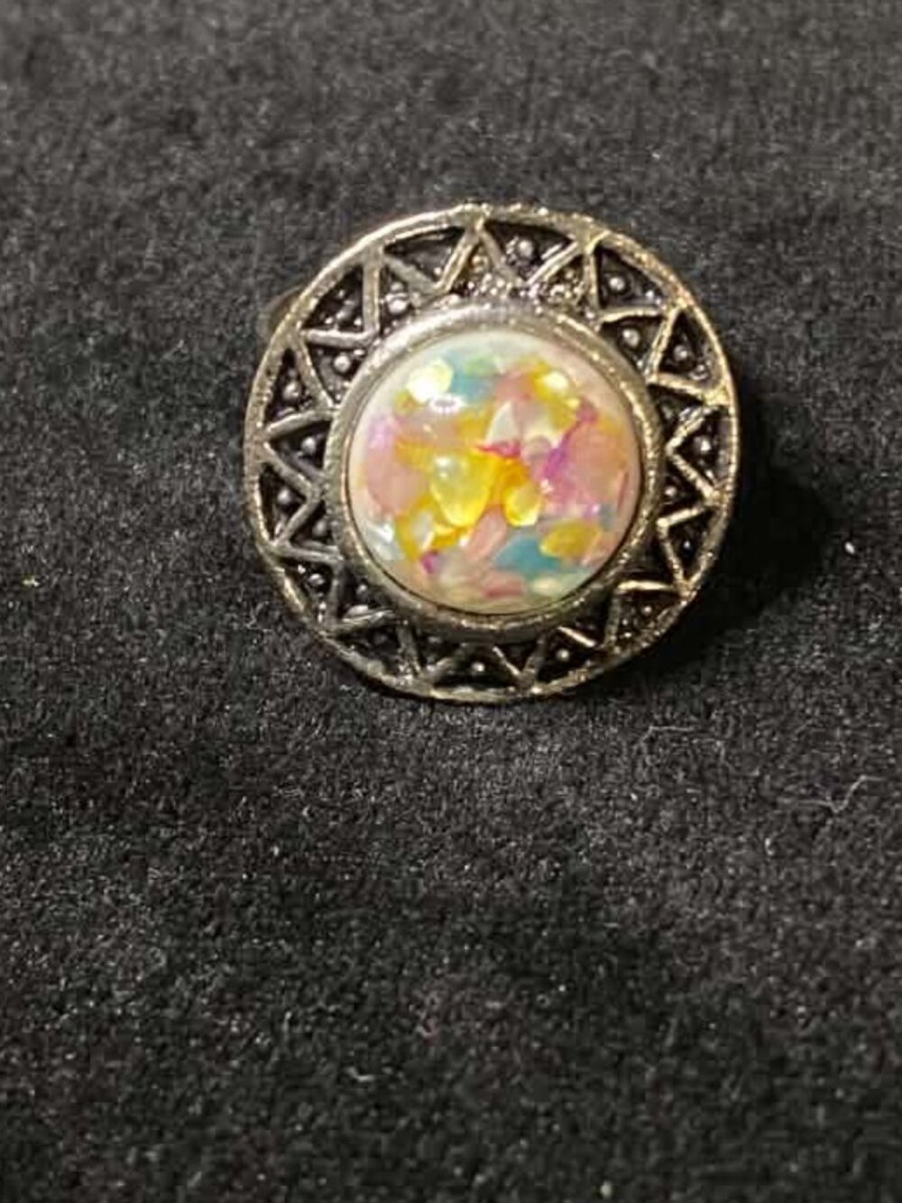 Vintage Faux Opal Glitter Adjustable Antique Silver tone Ring - Picture 5 of 5